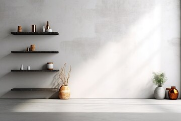 Interior of modern living room with gray concrete wall, wooden shelf and vase