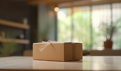 Closeup Delivery Box and Parcel on Table for Online Shopping and Commerce