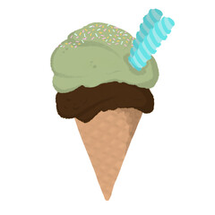 Ice cream matcha chocolate with marshmallow topping. Ice cream illustration.
