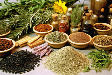 Variety of oriental spices and herbs on the counter. Ingredients for cooking, natural additives and spices.