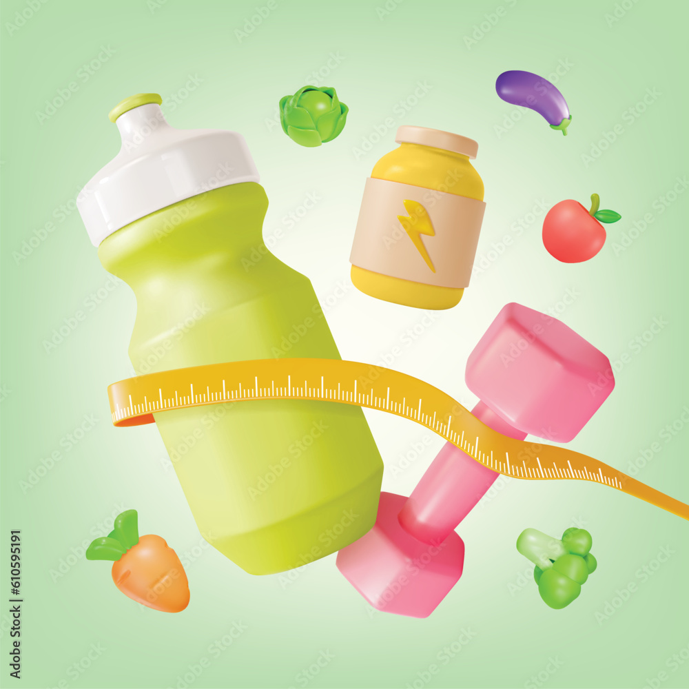 Sticker 3d Healthy Weightloss Nutrition Care and Weight Control Concept Background Cartoon Style. Vector illustration