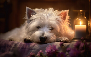 Blissful Relaxation: Sleeping Westie Dog in Spa Studio - Generative AI