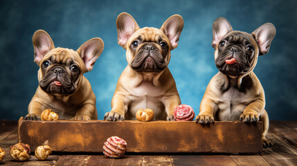 Vibrant Background, Dog Treats: French Bulldog Trio in Action. Generative AI