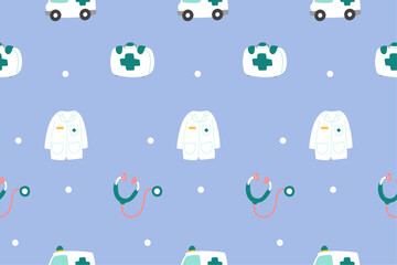 Cute Medical Seamless Pattern Perfect Kids Apparel Trendy Cartoon Textile for Healthcare nursery Hospital Clinic Wrapping Collage Drug Pharmacy Emergency Doctor Print Vector Illustrations