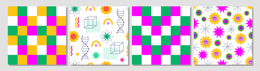 Set of modern retro groovy seamless patterns. Abstract geometric psychedelic backgrounds. Geometric shapes, futuristic figures, flowers, line art, smiles, stars. Retro nostalgia.  Y2k.
