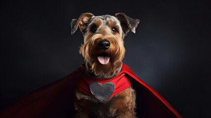 studio photo shot of a Airedale Terrier dog in a superhero outfit. Generative AI