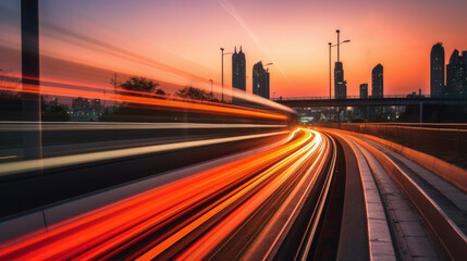 Obraz premium long exposure of light trails of car traffic in highway at city entrance at night. generative ai