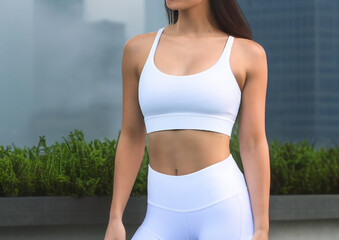Portrait of a girl with a beautiful appearance, sports figure, in white sportswear, Generative ai