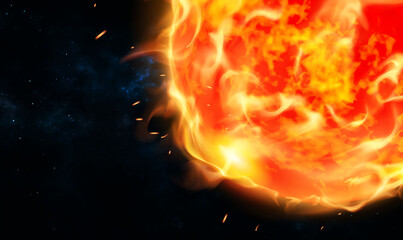 Fototapeta premium Red giant burning sun in outer space with solar flare, abstract science background. Splashes of prominences, hot sun flares on the star surface. Science illustration. Sun. Global warming. Vector EPS10
