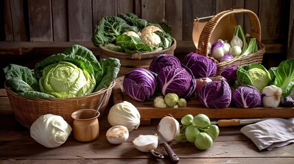 Cabbage of different varieties and types, flatlay vegetables, a banner filled with products.
Concept: healthy eating, vegetarianism, types of plant foods. Generative AI - obrazy, fototapety, plakaty