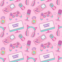 Gamer girl set of kawaii style elements. Vector seamless pattern. Vintage pink 90s Games © Vetriya