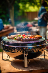  delicious grilled beef steaks on barbecue grill with flame. Good food. Picnic concept. Generative AI