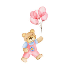 Teddy bear flies on pink balloons, watercolor illustration isolated on white background.