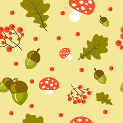 seamless pattern with mushrooms, berries and leaves