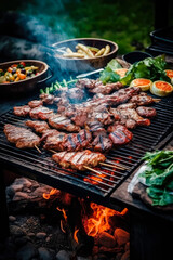  delicious grilled beef steaks on barbecue grill with flame. Good food. Picnic concept. Generative AI