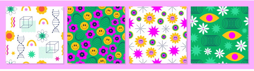 Set of modern retro groovy seamless patterns and backgrounds. Abstract psychedelic geometry. Geometric shapes, futuristic figures, flowers, line art, smiles, stars. Retro nostalgia. Y2k.