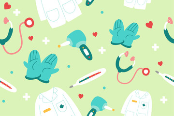 Cute Medical Seamless Pattern Perfect Kids Apparel Trendy Cartoon Textile for Healthcare nursery Hospital Clinic Wrapping Collage Drug Pharmacy Emergency Doctor Print Vector Illustrations