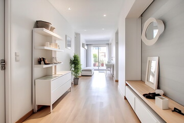 Interior of the bright hall or corridor at home. Minimalistic Scandinavian design with white color and wood. Lot of light
