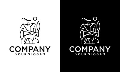 Farm House concept logo. Template with farm landscape. Label for natural farm products. Black logotype isolated on white background. Vector illustration.