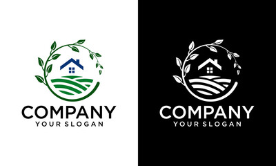 Farm House concept logo. Template with farm landscape. Label for natural farm products. Black logotype isolated on white background. Vector illustration.