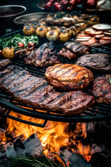 Assorted delicious grilled meat with vegetables on barbecue grill with flame. Picnic concept. Generative AI