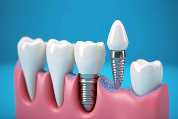Healthy gums and Dental teeth implant on blue background