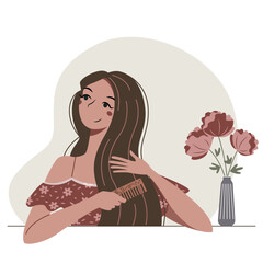 Cartoon young woman combing her long hairs by wood comb. A beautiful girl in a dress thought. Vector flat illustration.