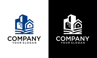 Real Estate Logo design vector template Linear style. House on Water wave Logotype concept icon.