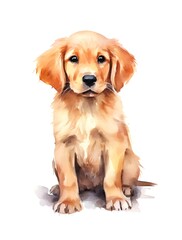 Fototapeta premium Cute golden Retriever puppy on white background, cartoon watercolor illustration. Generative AI.