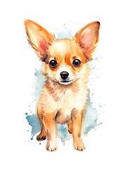 Cute Chihuahua dog on white background, cartoon watercolor illustration. Generative AI.