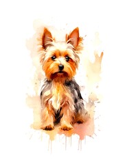 Cute Yorkshire Terrier dog on white background, cartoon watercolor illustration. Generative AI.