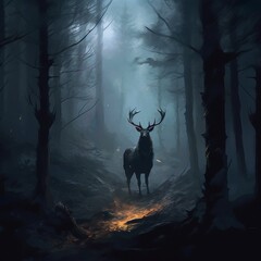 A bad deer alone fighting dramatic light dark fores | Generative AI 
