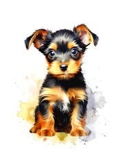Cute Yorkshire Terrier puppy on white background, cartoon watercolor illustration. Generative AI.