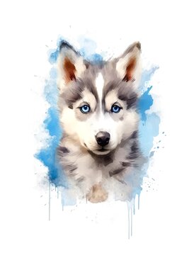 Cute Siberian Husky puppy on white background, cartoon watercolor illustration. Generative AI.