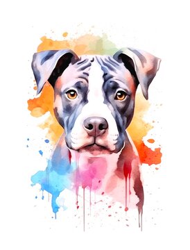 Cute Pit Bull Terrier dog on white background, cartoon watercolor illustration. Generative AI.