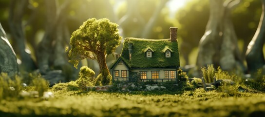 House on the green field with moss and trees