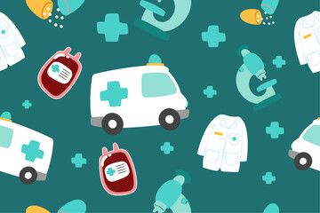 Cute Medical Seamless Pattern Perfect Kids Apparel Trendy Cartoon Textile for Healthcare nursery Hospital Clinic Wrapping Collage Drug Pharmacy Emergency Doctor Print Vector Illustrations