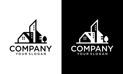 Real Estate Logo design vector template Linear style. House on Water wave Logotype concept icon.