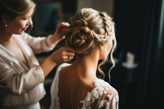 The bride having her hair styled by a professional hairstylist. Wedding, preparations for the wedding, bokeh Generative AI