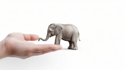 A hand showing a small baby elephant on a white background. World Animal Day, Generative AI