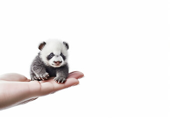 Naklejka premium A hand showing a small baby panda on a white background. World Animal Day, Generative AI
