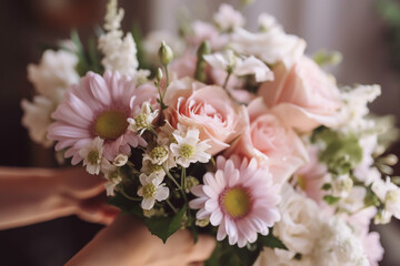 The bride's bouquet being carefully arranged with fresh flowers. Wedding, preparations for the wedding, bokeh Generative AI