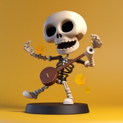 Cute white and black skeleton dancing with a guitar in cartoon style Generative AI