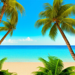 The beach is bright, palm trees sand water, rest on the beach, Generative ai