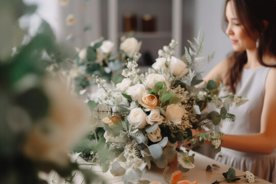 The bride's bouquet being carefully arranged with fresh flowers. Wedding, preparations for the wedding, bokeh Generative AI