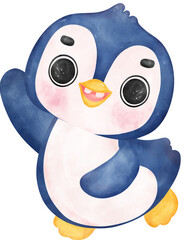 Adorable watercolor baby innocence penguin with a joyful expression and happy pose, vibrant nursery children illustration hand painting