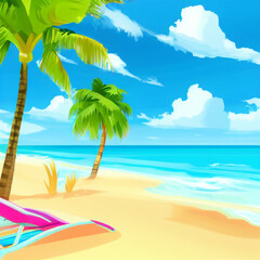 Fototapeta na wymiar The beach is bright, palm trees sand water, rest on the beach, Generative ai