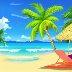 Fototapeta na wymiar The beach is bright, palm trees sand water, rest on the beach, Generative ai