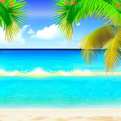 Obraz na płótnie Canvas The beach is bright, palm trees sand water, rest on the beach, Generative ai