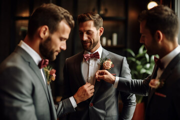 The groom and his groomsmen fastening their boutonnieres. Wedding, preparations for the wedding, bokeh Generative AI